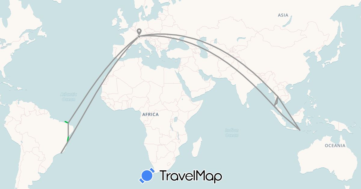 TravelMap itinerary: driving, bus, plane in Brazil, Switzerland, Indonesia, Singapore, Thailand (Asia, Europe, South America)
